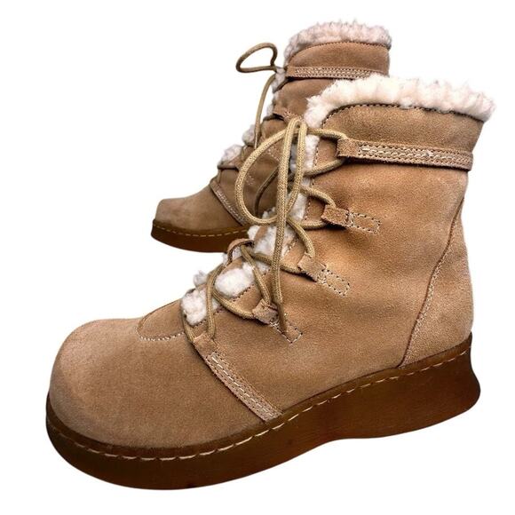 Vtg Y2K Report Tan Suede Fur Rubber Chunky Heel Ankle Boots Womens Sz 7.5 90s - Picture 6 of 16